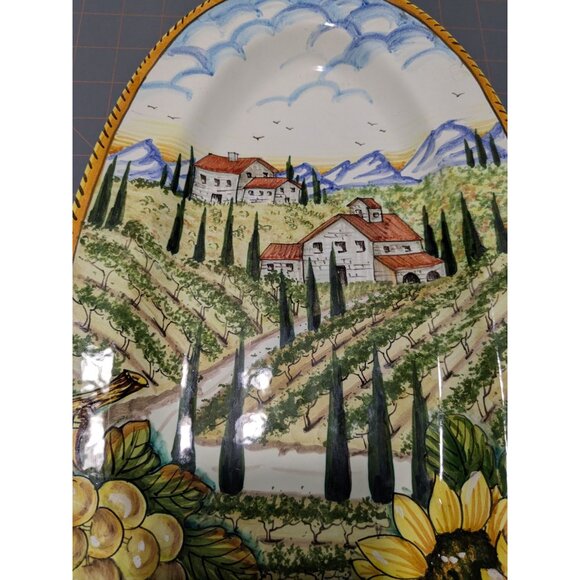 Hand-Painted Italian Ceramic Wall Plate Vineyard Scene Sunflowers - Picture 4 of 16